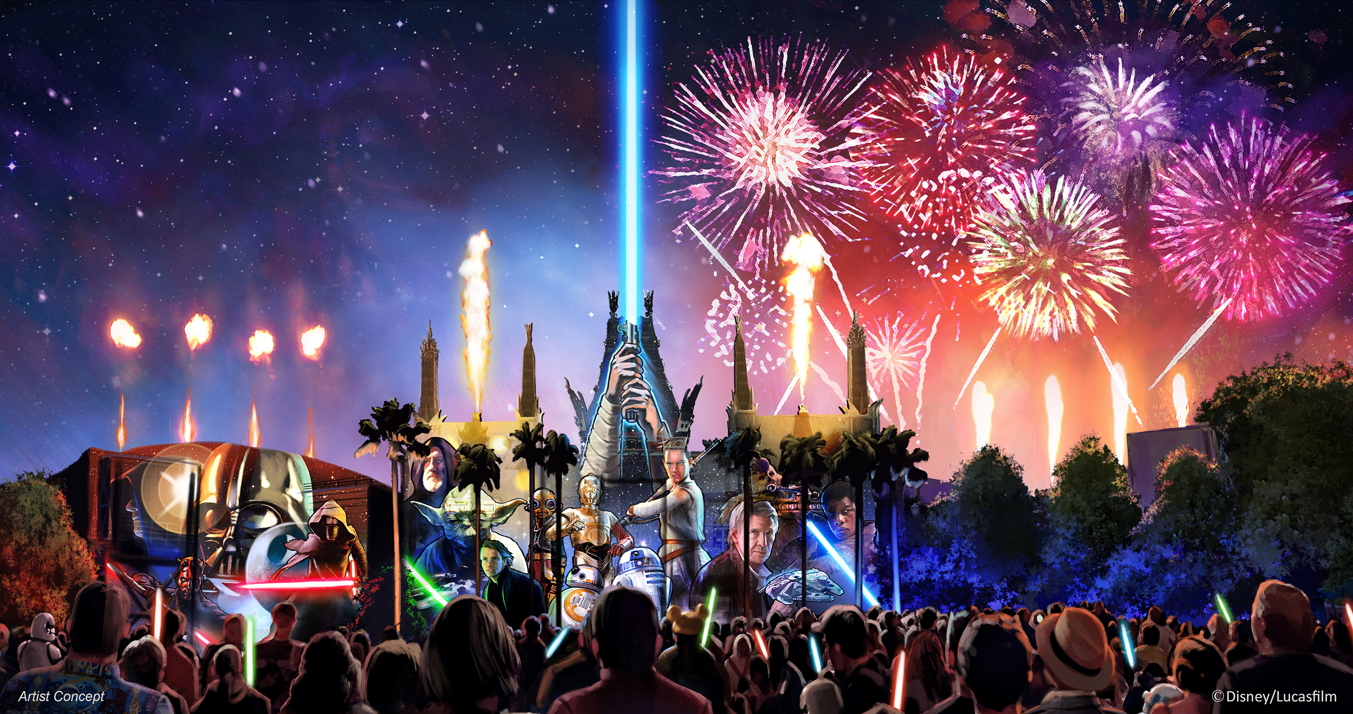 Starting in summer 2016, a new Star Wars fireworks show, "Star Wars: A Galactic Spectacular," will debut to guests at Disney's Hollywood Studios. The nightly show will combine fireworks, pyrotechnics, special effects and video projections that will turn the nearby Chinese Theater and other buildings into the twin suns of Tatooine, a field of battle droids, the trench of the Death Star, Starkiller Base and other Star Wars destinations. The show also will feature a tower of fire and spotlight beams, creating massive lightsabers in the sky. (Disney/Lucasfilm)